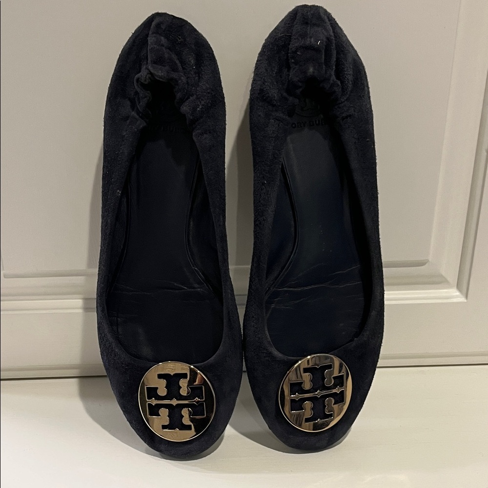 Tory Burch Navy Blue Suede Flats with Gold Logo